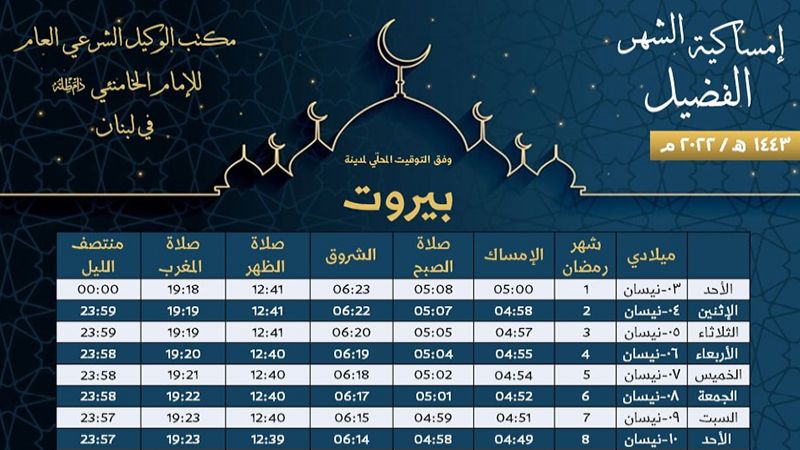 امساكية شهر رمضان المبارك للعام 1443/ 2022